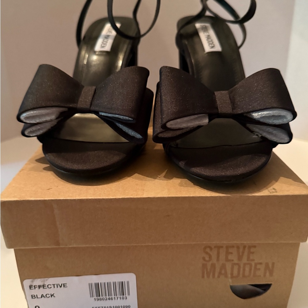 Steve Madden Effective Black Bow Ankle-Tie Heels Women’s 9 NEW